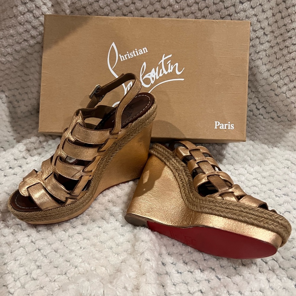 Christian Louboutin Gold Espadrilles Wedge Heel and Crisscross Straps Well Worn